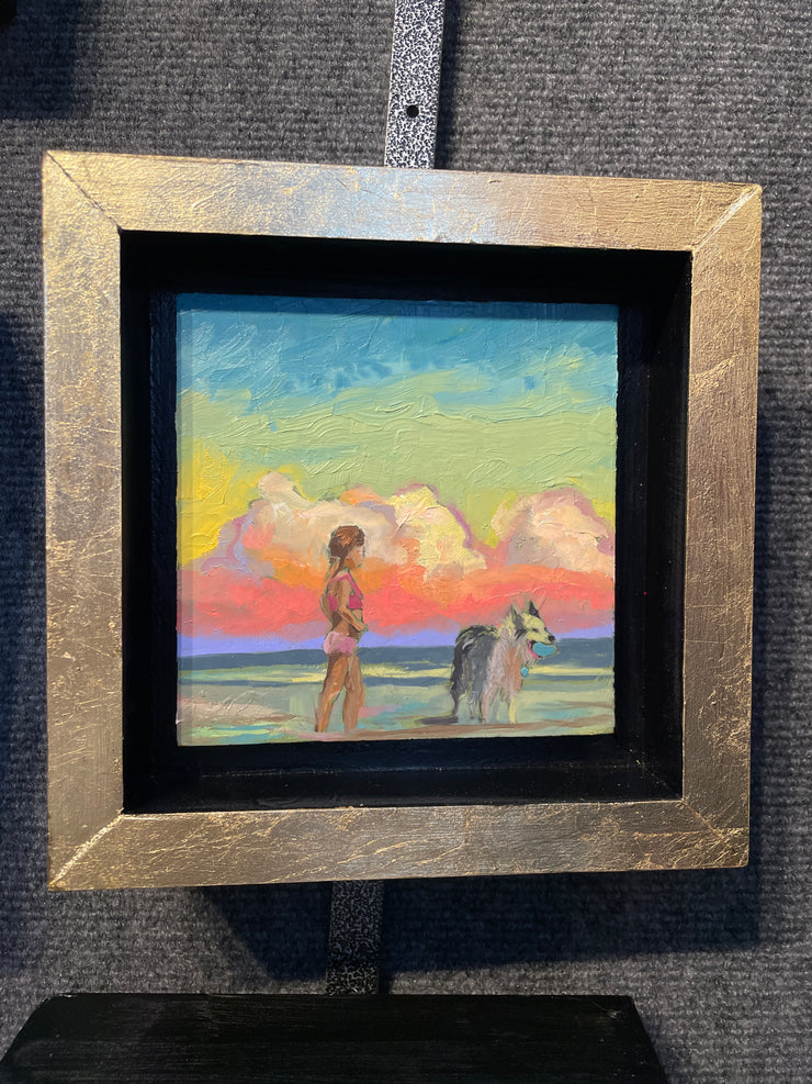 “Beach Dog #3 Study" original oil on panel 5x5 framed
