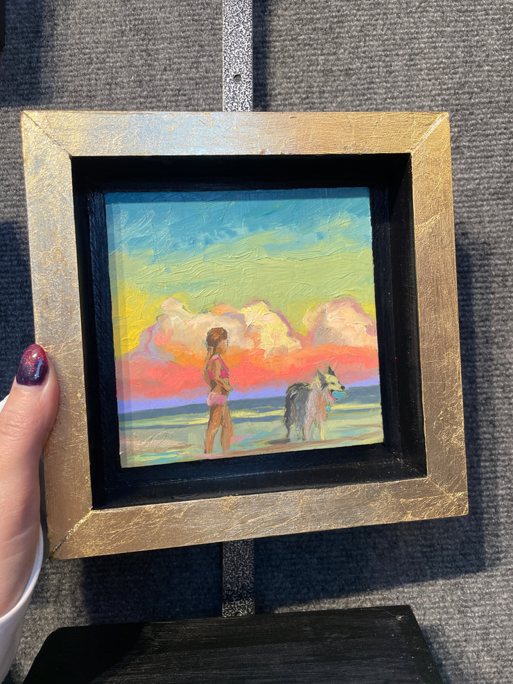 “Beach Dog #3 Study" original oil on panel 5x5 framed