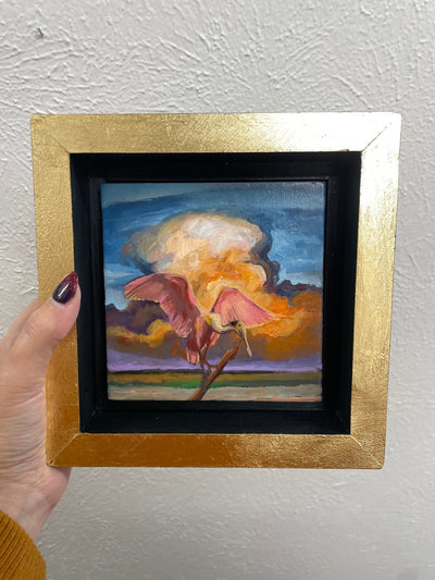 “Citrus Spoonbill Study" original oil on panel 5x5 framed