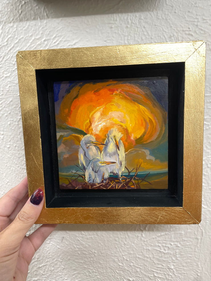 “Baby Egret Triplets Study" original oil on panel 5x5 framed