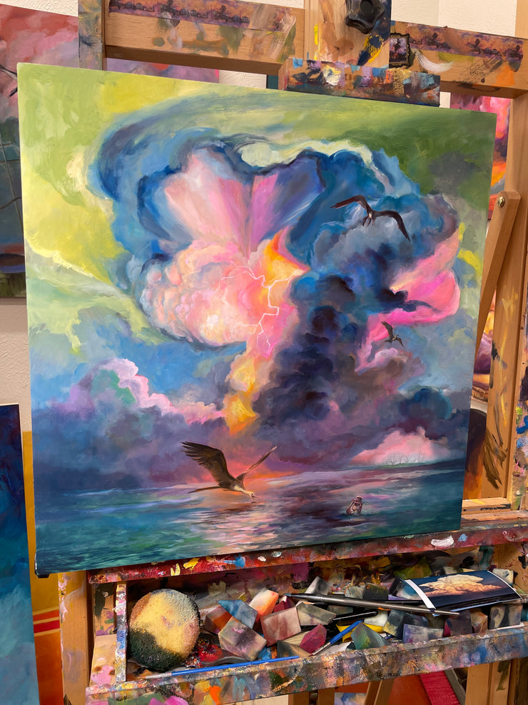 “Frigate Bird’s Dream” original oil on panel 18x18