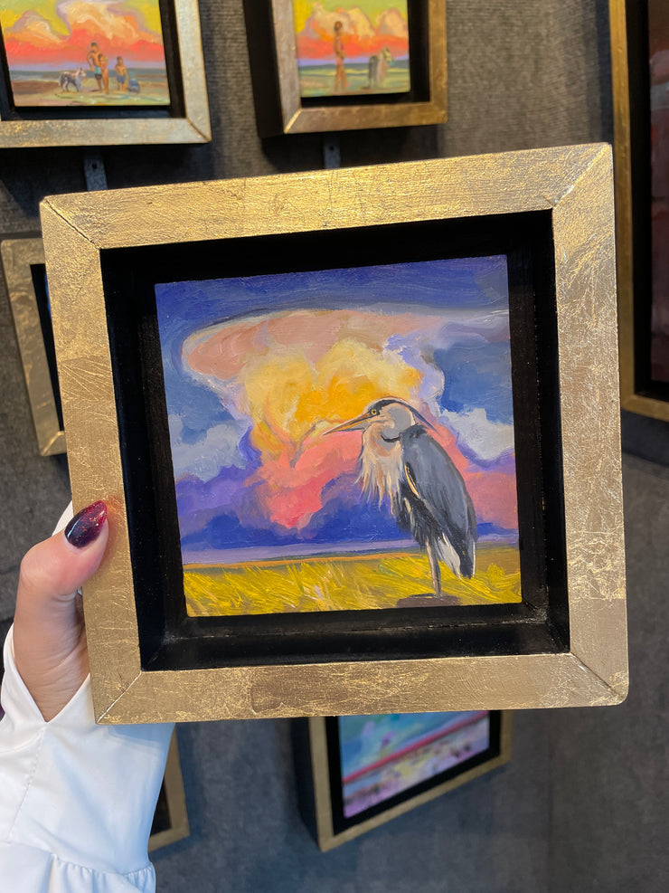 “Great Heron Study" original oil on panel 5x5 framed