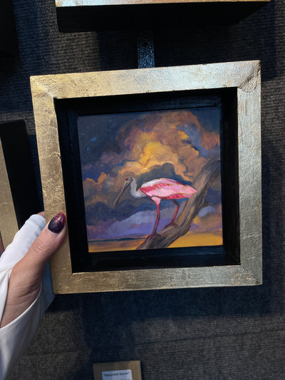 “Spoonbill Study Red Eye" original oil on panel 5x5 framed