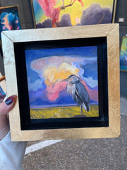 “Great Heron Study" original oil on panel 5x5 framed