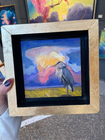 “Great Heron Study" original oil on panel 5x5 framed