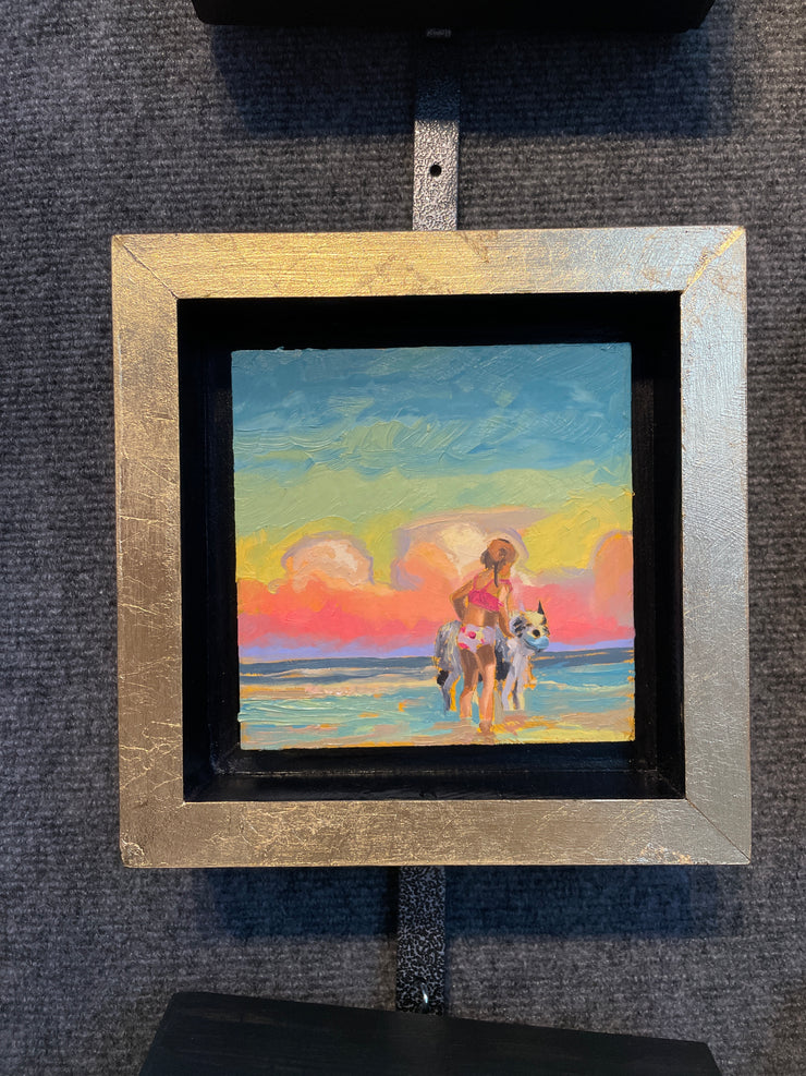 “Beach Dog #1 Study" original oil on panel 5x5 framed