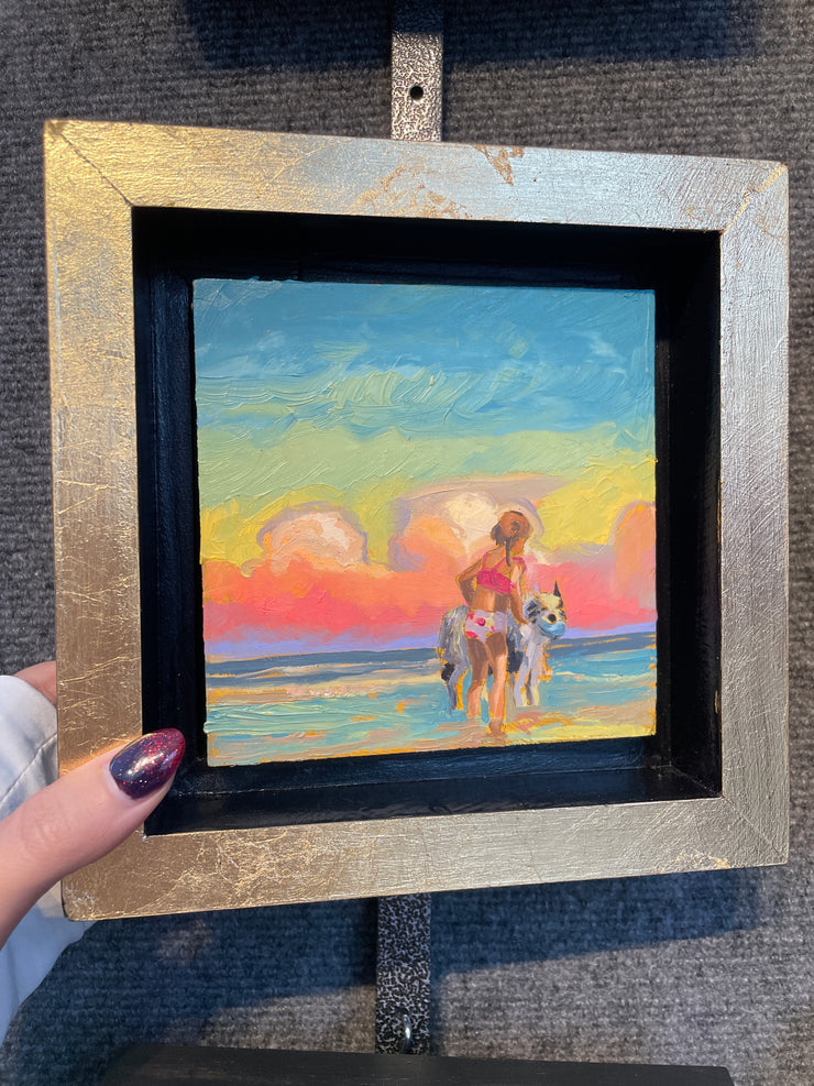 “Beach Dog #1 Study" original oil on panel 5x5 framed