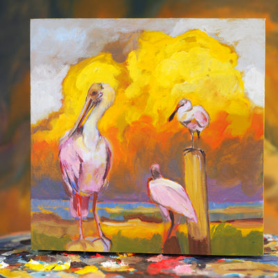 "Spoonbill Conference” original oil on panel 8x8