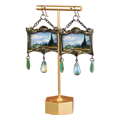 "Cypress Trees" Van Gogh Earrings with Glass Czech Beads