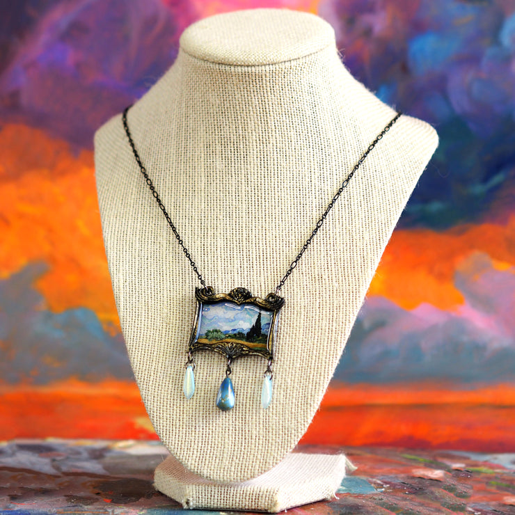 "Cypress Trees" Van Gogh  Statement Necklace with Czech Beads