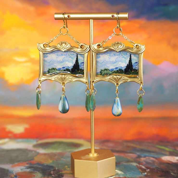 "Cypress Trees" Van Gogh Earrings with Glass Czech Beads