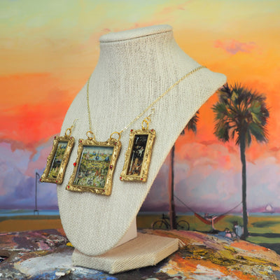 "Garden of Earthly Delight" Bosch Earrings and Necklace set with glass rhinestones  7/14 July restock