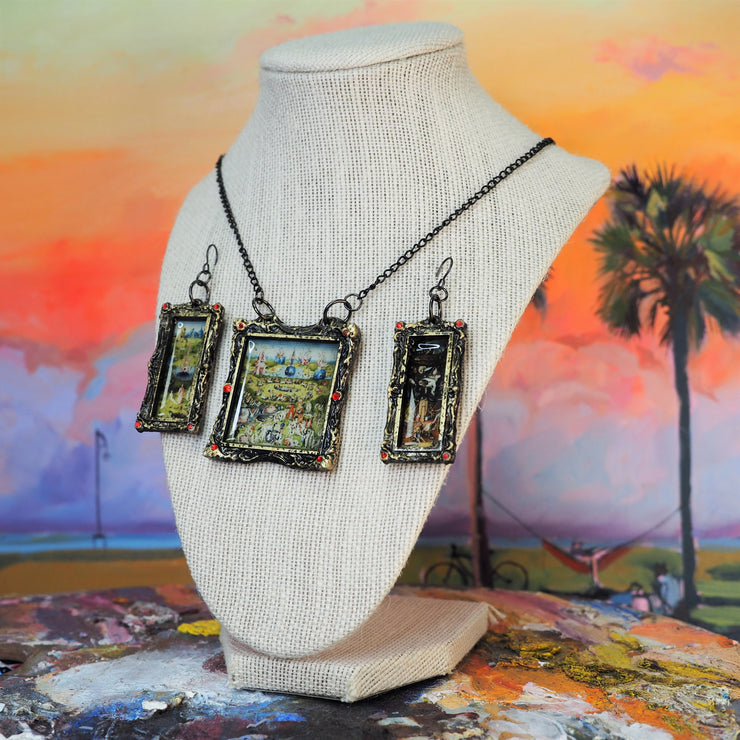 "Garden of Earthly Delight" Bosch Earrings and Necklace set with glass rhinestones  7/14 July restock